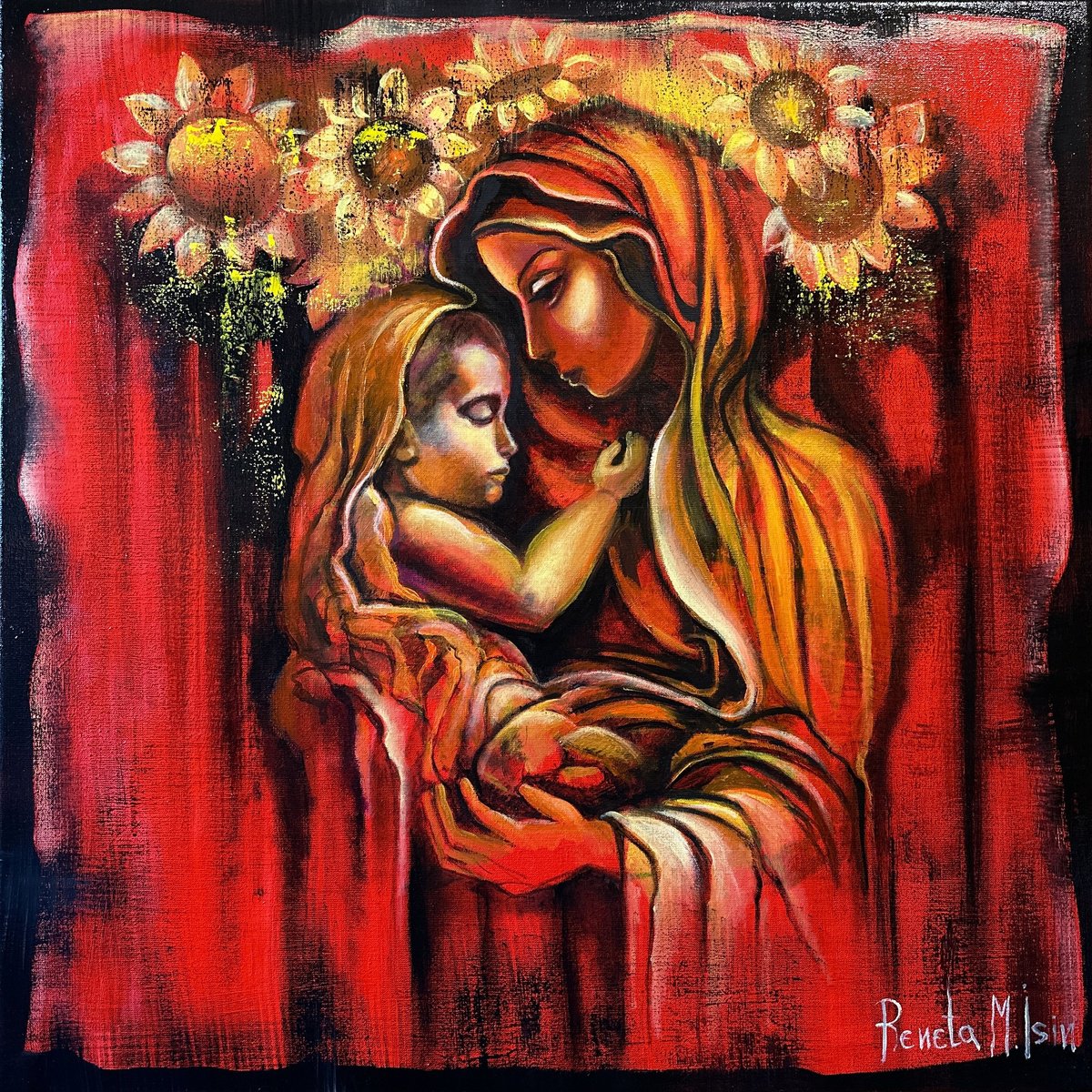 Impressionistic Portrait Oil Painting By Reneta Isin, 31 X 31", " Motherhood ", Original Artwork