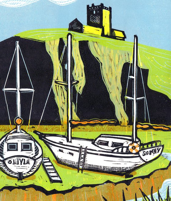 Boats at Uphill, Somerset. Limited Edition linocut