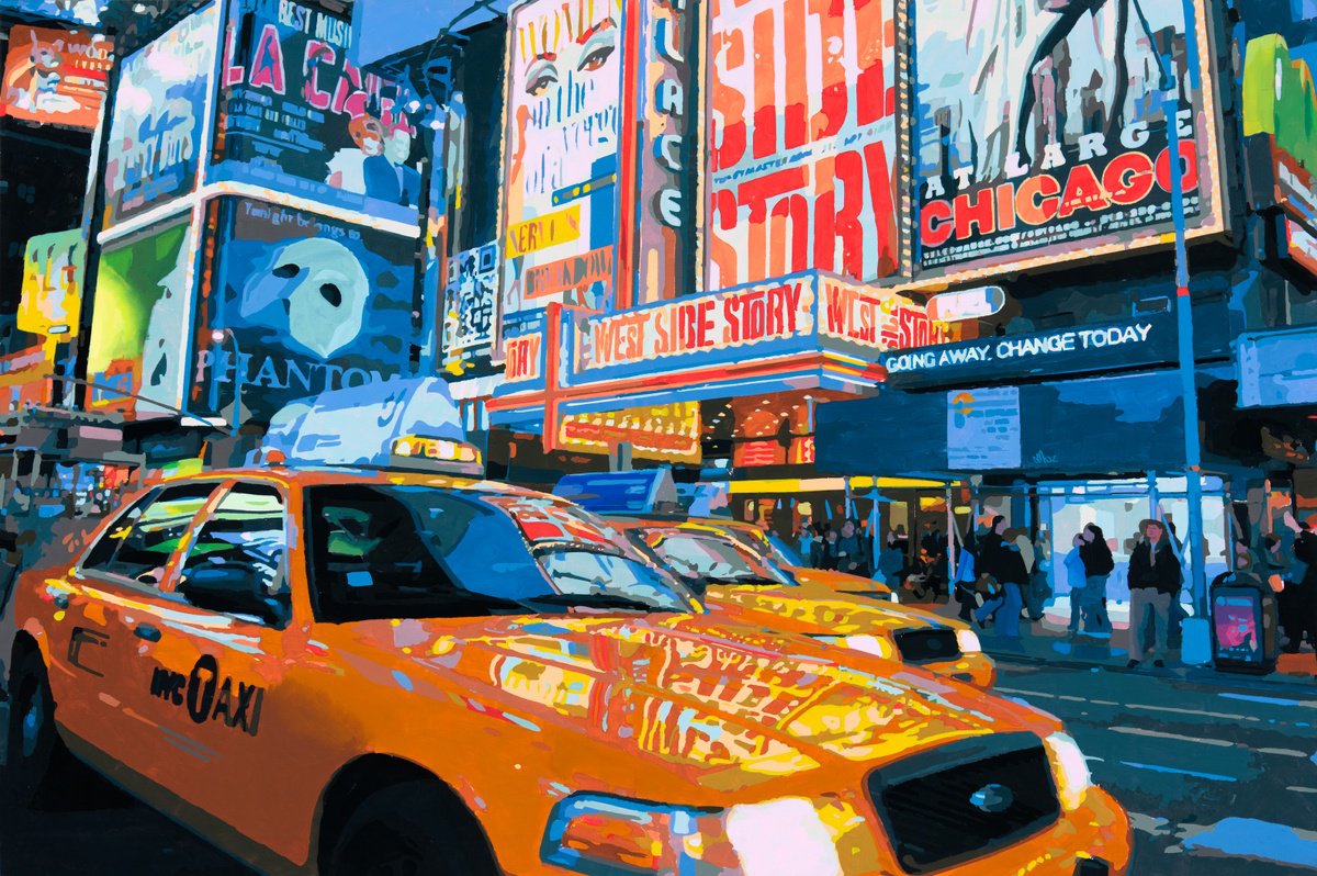 Impressionistic Cityscapes Acrylic Painting By Marco Barberio, 47 X 31", Broadway Nightlights, Original Artwork