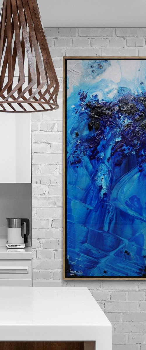 Midnight Stimulation 140cm x 100cm Blue White Textured Abstract Art by Franko