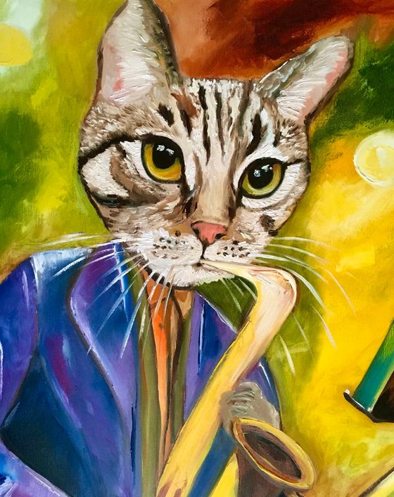 Cat  Saxophonist, musician, feline art for cat lovers