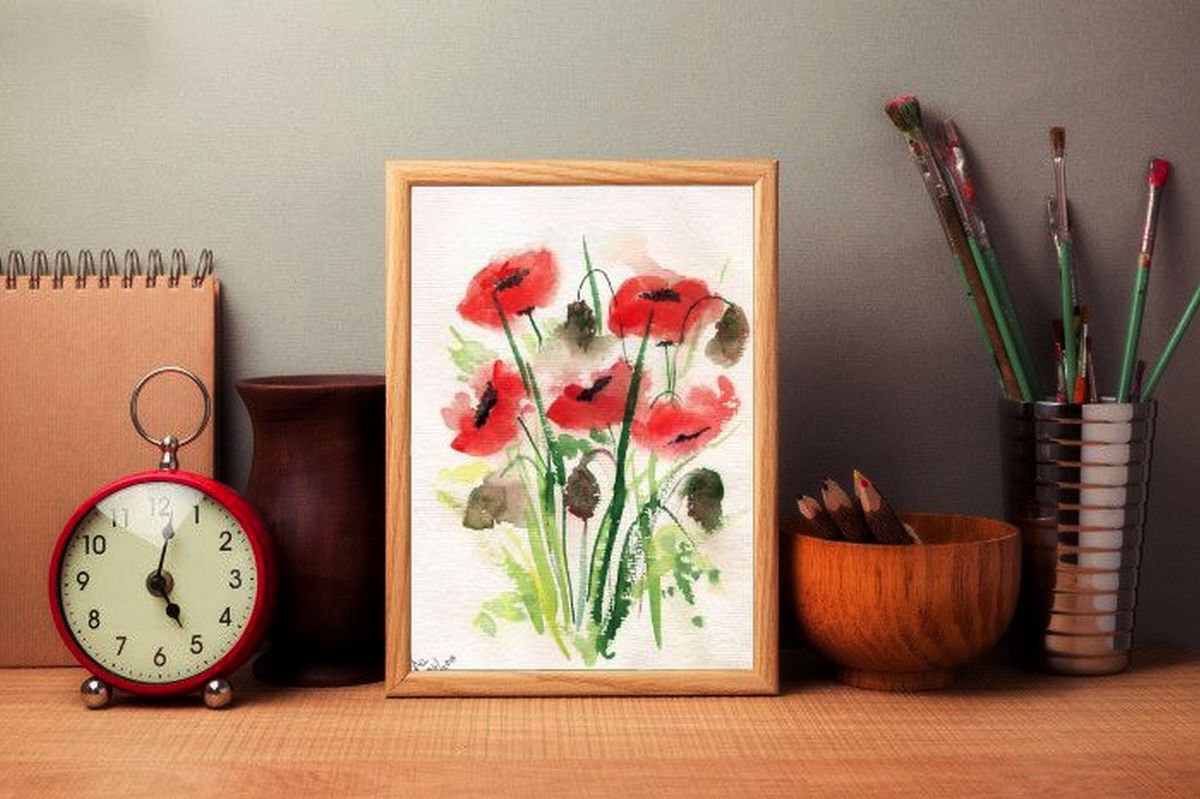 Five Red Poppies Watercolors 6x8.25 by Asha Shenoy