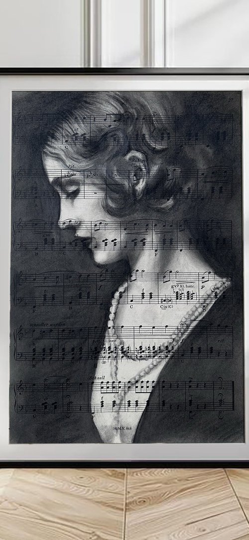 Woman's Portrait on Vintage Sheet Music by Julia Shilo