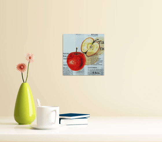 "Apple on Newspaper" Original Oil on Canvas Board Painting 6 by 6 inches (15x15 cm)