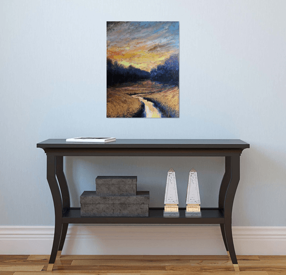 'Winter Stream IV' Sunset oil painting