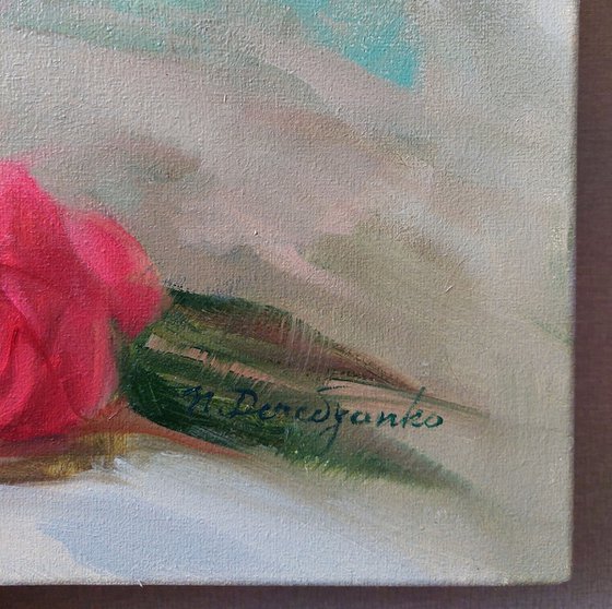 Large floral oil painting original of peony flowers in vase