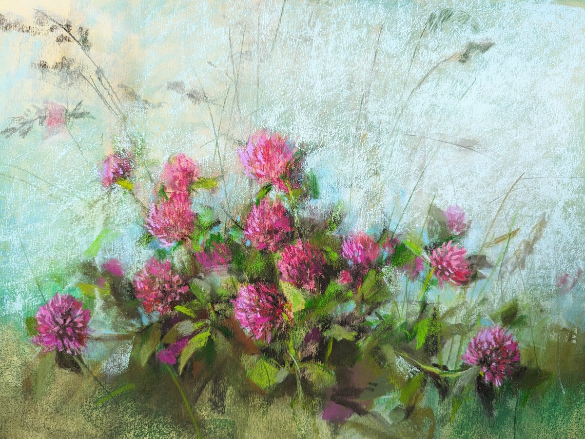 Impressionistic Botanical Pastel Drawing By Silja Salmistu, 16 X 12", Red Clover, Original Artwork