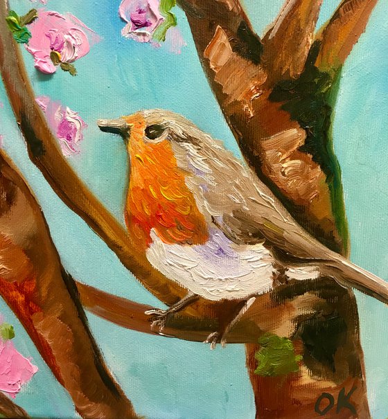 Spring songs, singing red breasted robins, spring in London, white, pink, bloom, oil painting