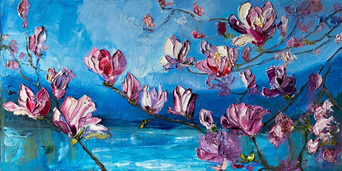 Impressionistic Landscape Oil Painting By Mily Art, 39 X 20", Magnolia Landscape, Original Artwork