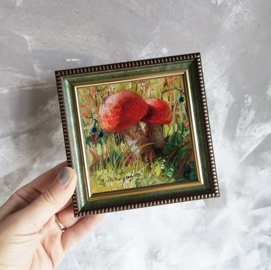Mushroom painting original oil small framed art, artwork Red boletus Mushroom gift cute little painting
