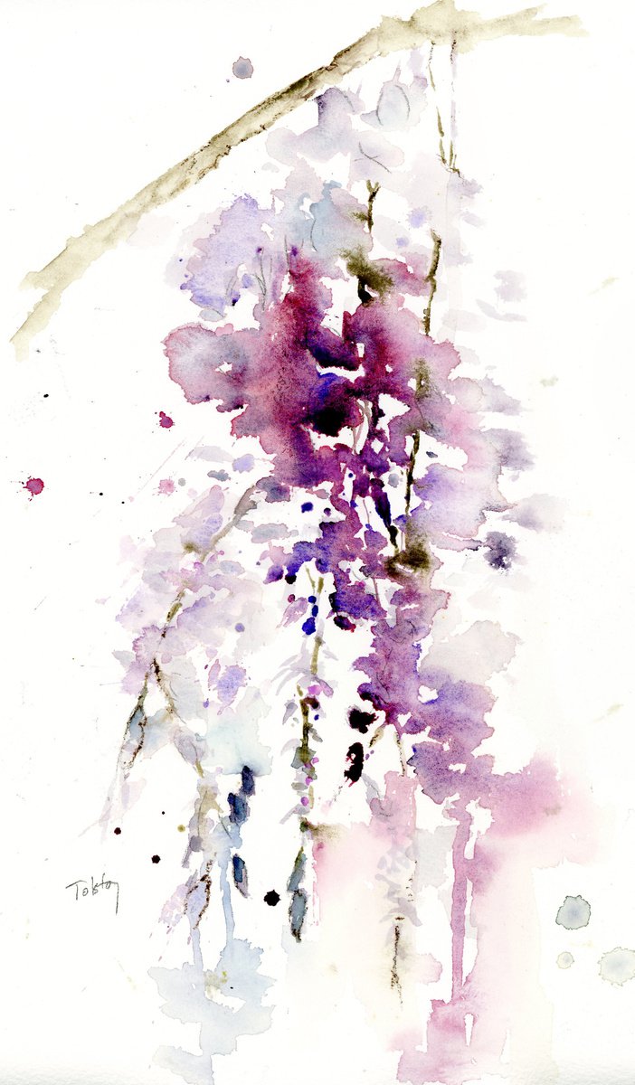Impressionistic Botanical Watercolour By Alex Tolstoy, 7 X 12, Hanging Wisteria, Original Artwork