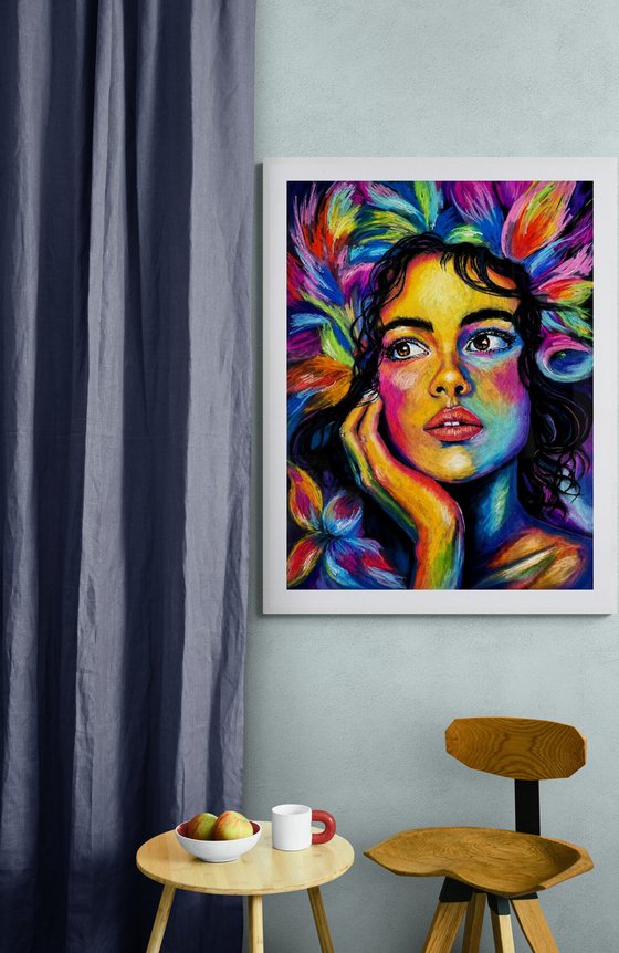 Astral Garden - Rainbow Floral Woman Portrait