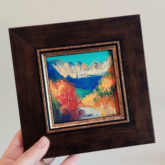 Montana autumn painting original 4x4, Landscape oil painting art miniatures in frame, Mini painting best friend gift