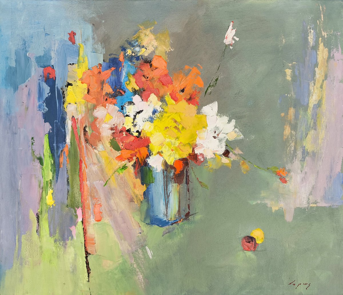 Abstract Landscape Oil Painting By Hrach Baghdasaryan, 28 X 24, Spontaneous Bloom, Original Artwork