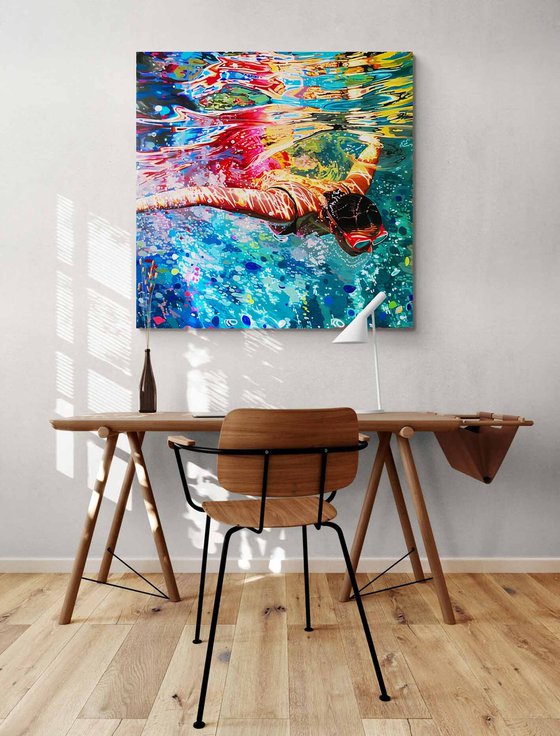 Woman under water in the sea, ocean, swimming pool with blue color waves with bright sun glares. Impressionistic artwork. Original painting wall art home decor. Art Gift