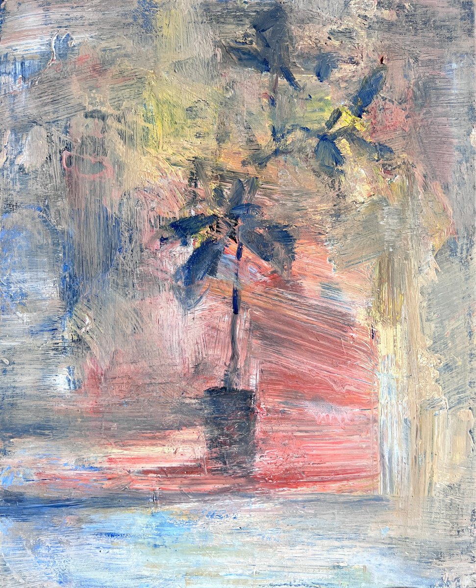 Expressive Still Life Acrylic Painting By Zakhar Shevchuk, 16 X 20", Ficus On Windowsill At Sunset, Original Artwork