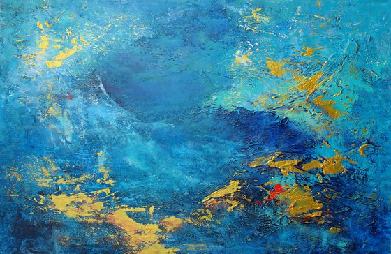 Large Abstract Painting. Blue, Turquoise, Gold Contemporary Abstract Seascape Painting # 810-29. Modern Textured Art