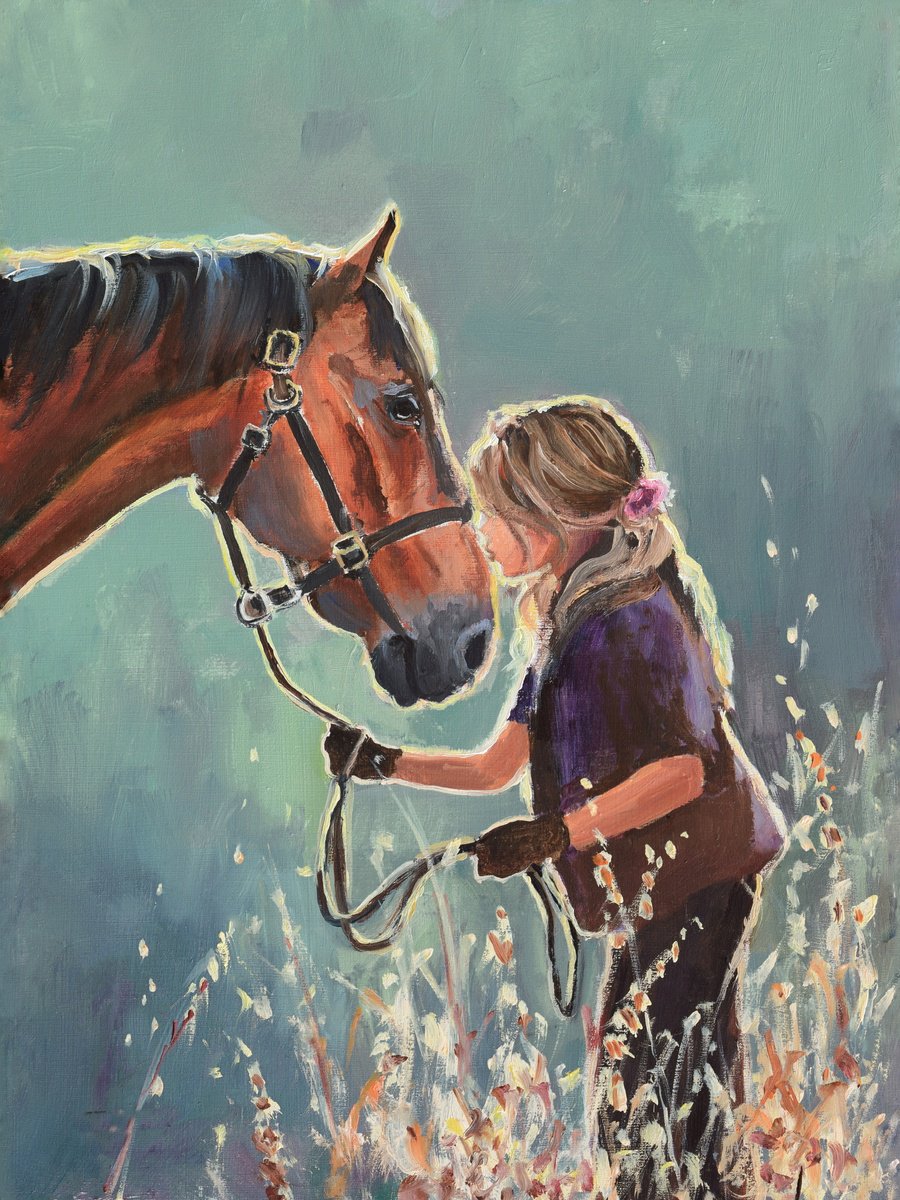 Girl kissing a brown horse by Lucia Verdejo