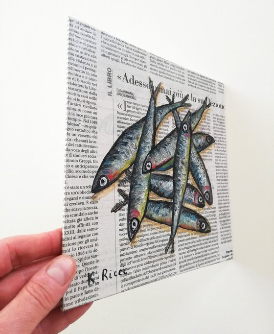 "Mixed Anchovies on Newspaper" Original Oil on Canvas Board Painting 8 by 8 inches (20x20 cm)