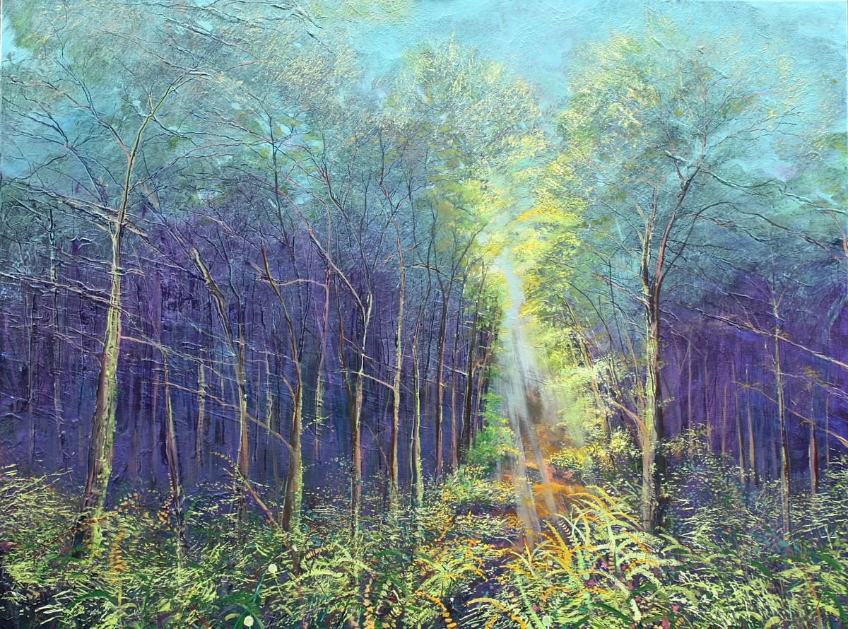 Forrest Glade Dawn Rays (Large Painting). by Simon Jones