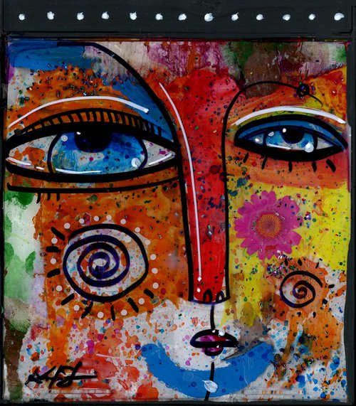 Mixed Media Funky Face 4 - Altered Cd Case Art by Kathy Morton Stanion