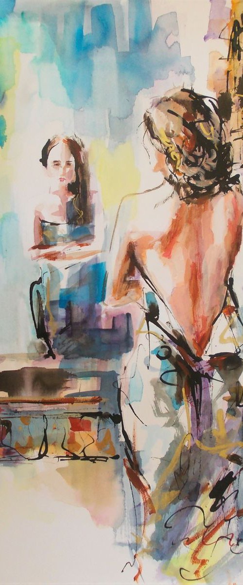 Echo- Woman Watercolor Mixed Media Painting by Antigoni Tziora