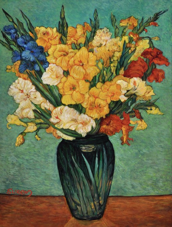 Gladioli in a Green Vase
