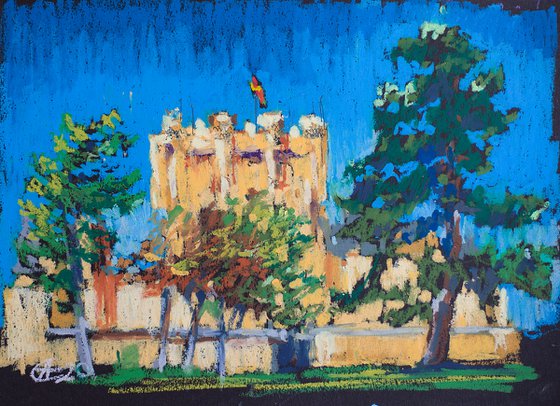 Plain air in Segovia. Alcázar. Oil pastel painting. Small original painting decor interior gift