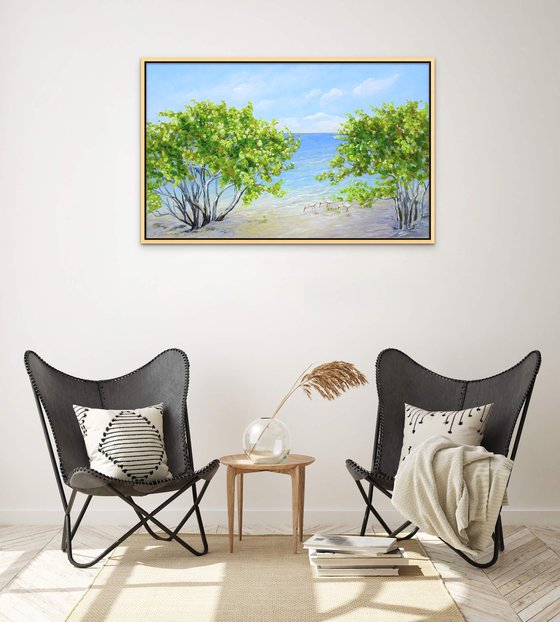 ENDLESS SUMMER. Tropical Island Seascape Painting of Florida Beach and Sea Birds.