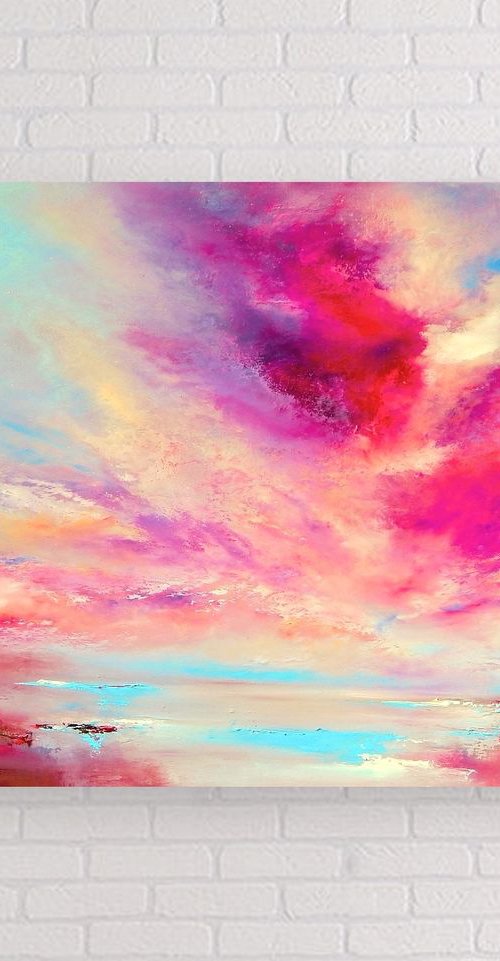 "Skies Ode" pink, gold, blue abstract painting, 73cm x 54cm by Olena Topliss