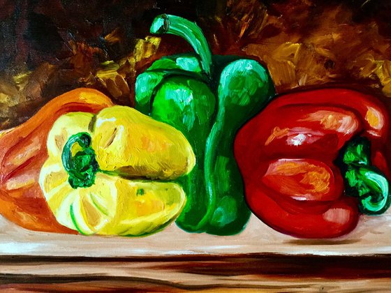 Peppers. Still life, vegetables, oil painting