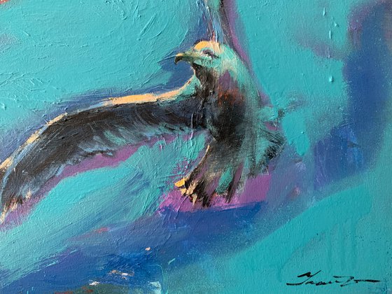 Bright painting - "Seagull on blue sunset" - 2022