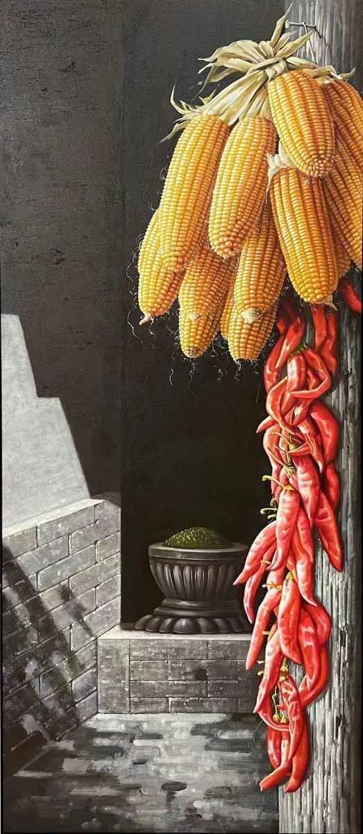 Still life oil painting:Corns and hot peppers c110 by Kunlong Wang
