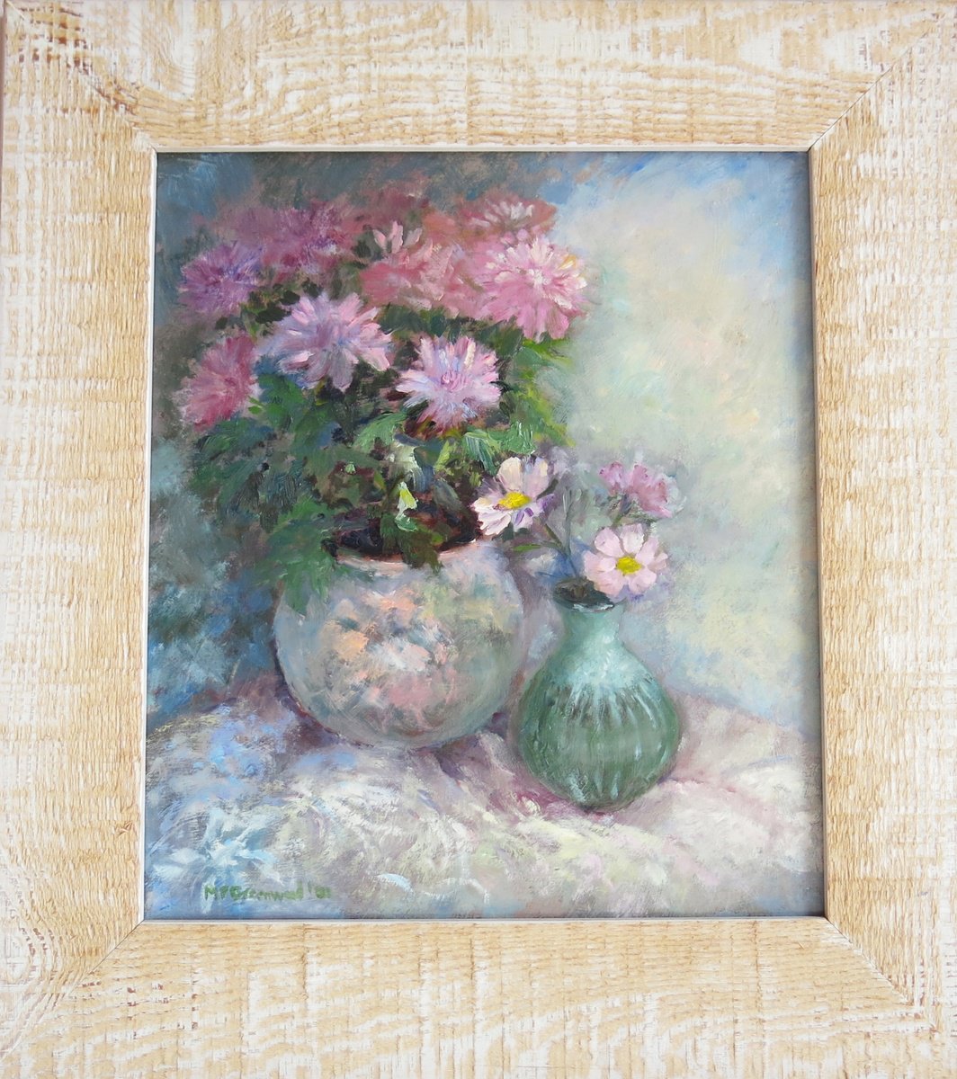 Impressionistic Botanical Oil Painting By Maureen Greenwood, 17 X 18", Pink Chrysanthemums, Original Artwork