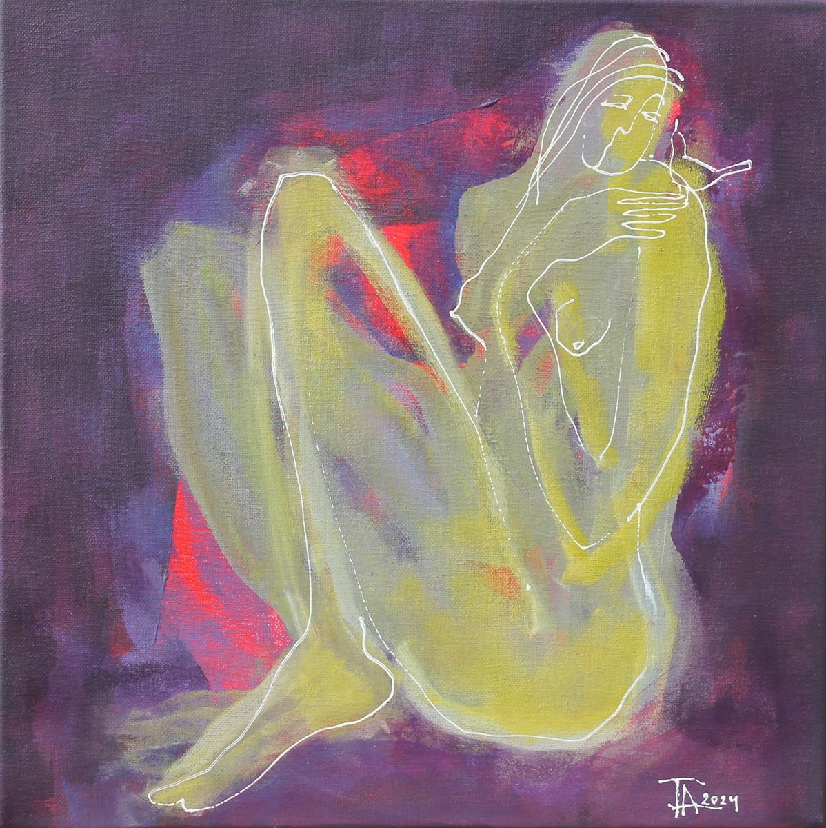 Expressive Portrait Acrylic Painting By Tatjana Auschew, 16 X 16", Morning Message., Original Artwork