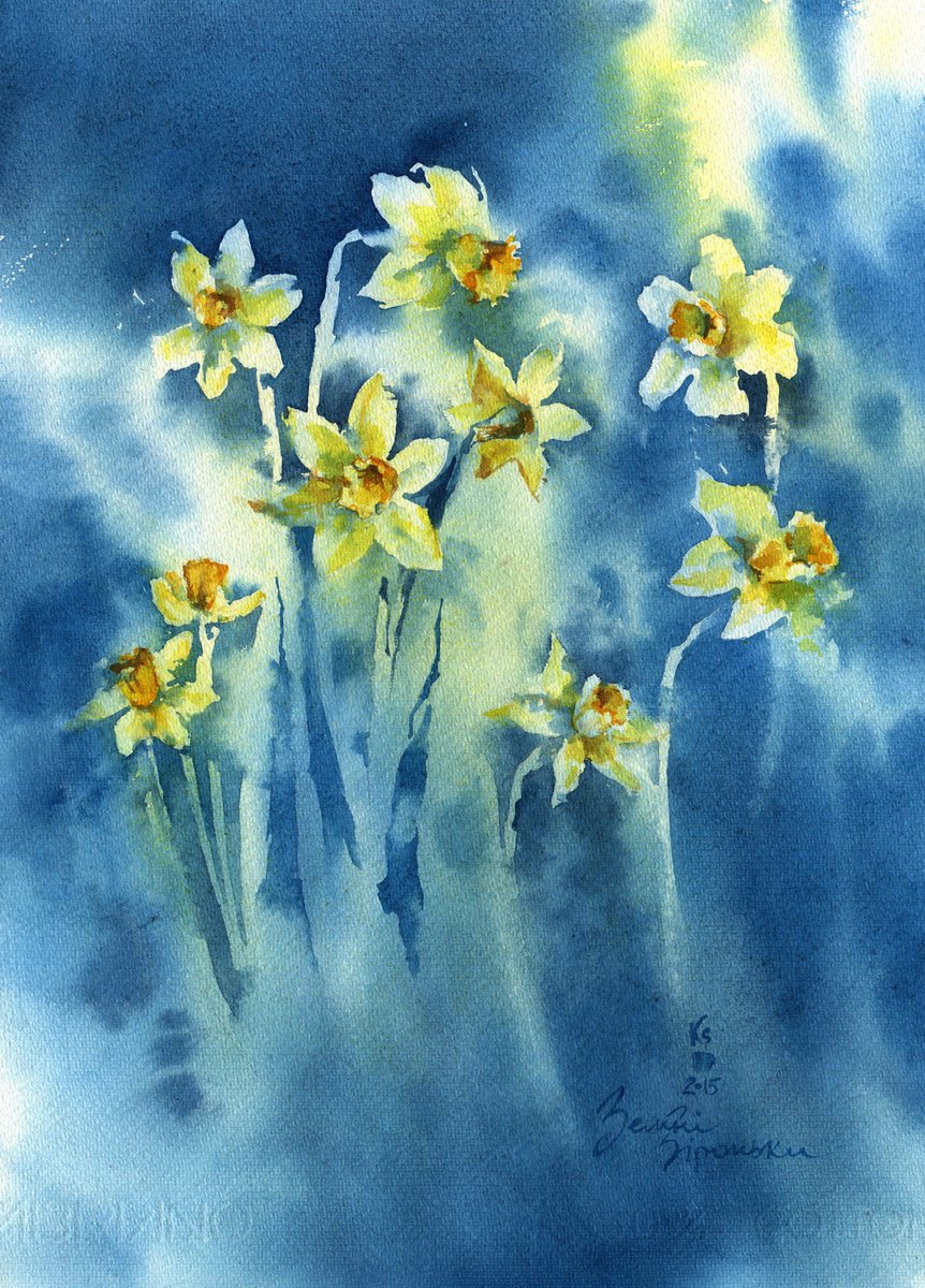 Stars - spring flowers daffodils on a contrasting background bright watercolor original... by Ksenia Selianko