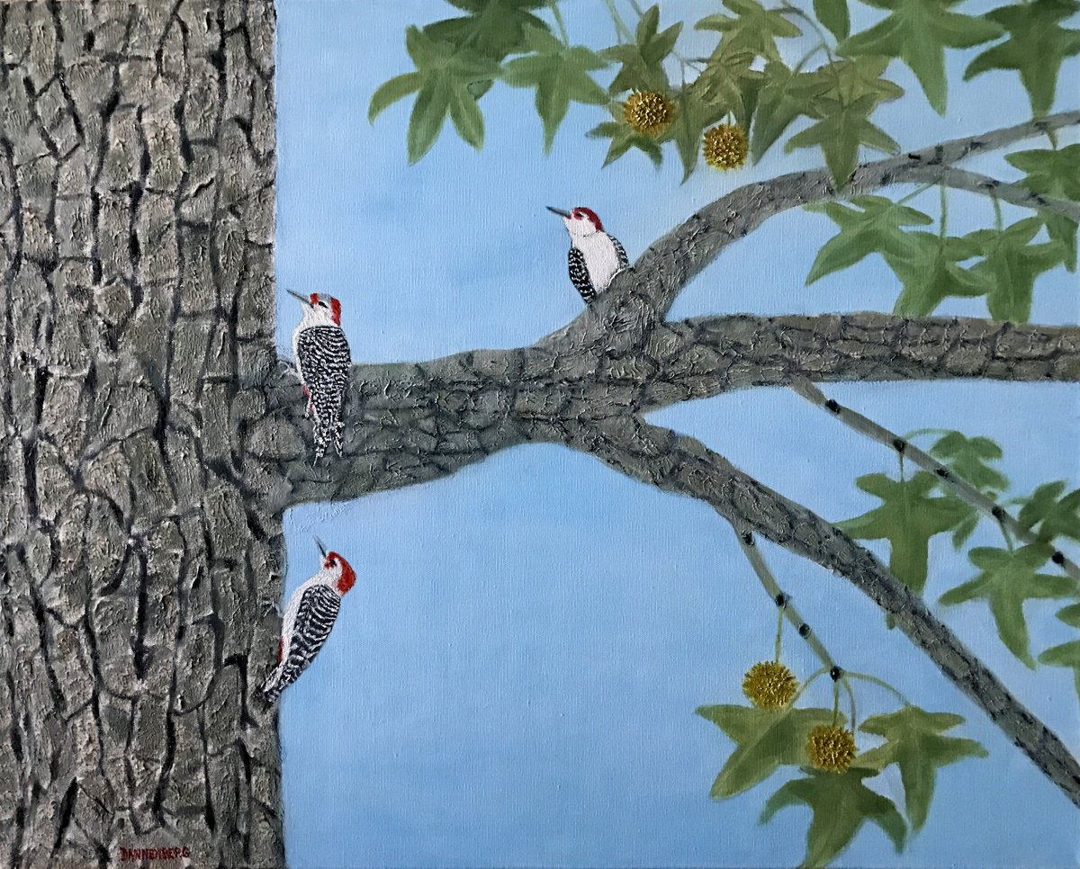 Impressionistic Animal Oil Painting By Leslie Dannenberg, 30 X 24", Woodpeckers On A Gum Tree, Original Artwork