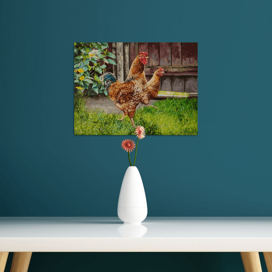 Rooster and chicken, Farmyard Scenery