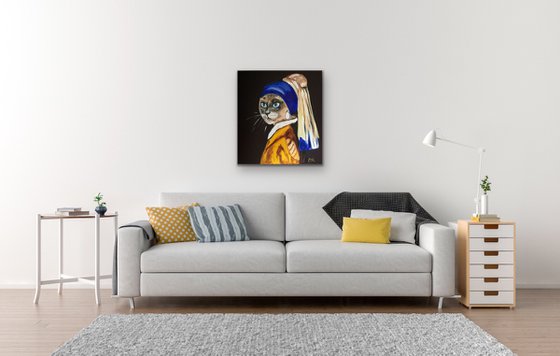 Siamese Cat with the pearl earring. Feline art. Blue eyes. Gift idea for cat lovers