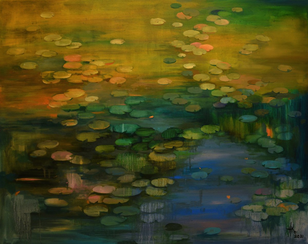 Impressionistic Botanical Oil Painting By Zhanna Kondratenko, 39 X 31", Lily Pond. Solstice, Original Artwork