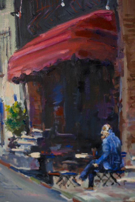 Istanbul street. Balat. Original oil painting. Terrace tea turkey street life style medium size interior decor detail umbrella