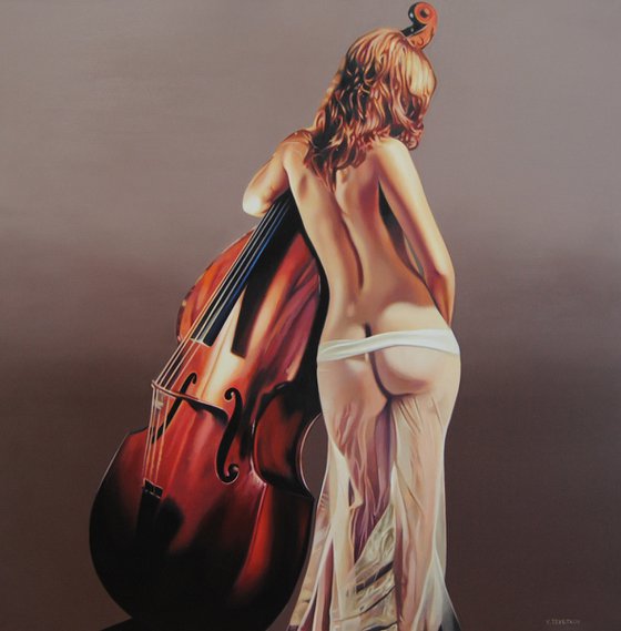 Nude with a double bass Commissioned Portrait, Made to Order Painting, Hyperrealistic Art