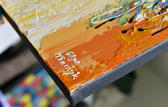 Fall Music - Abstract Painting on Canvas, Yellow, Orange, Blue Textured Artwork