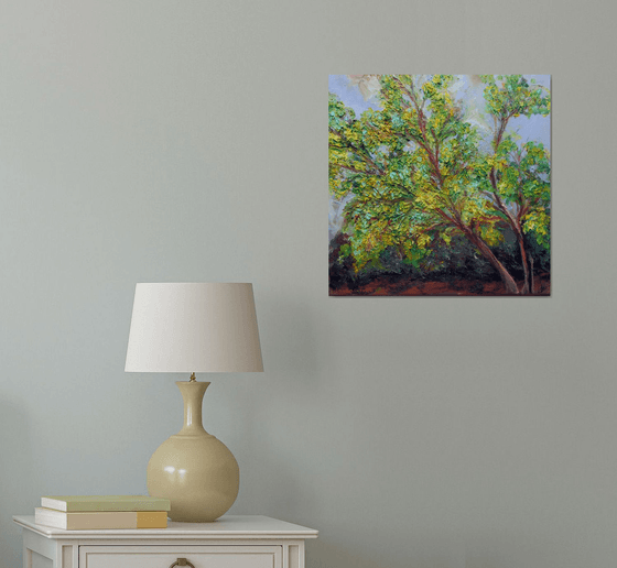 Mimosa Yellow Blooming Tree Palette Knife Heavy Textured Small 16x16 in. (40x40 cm)