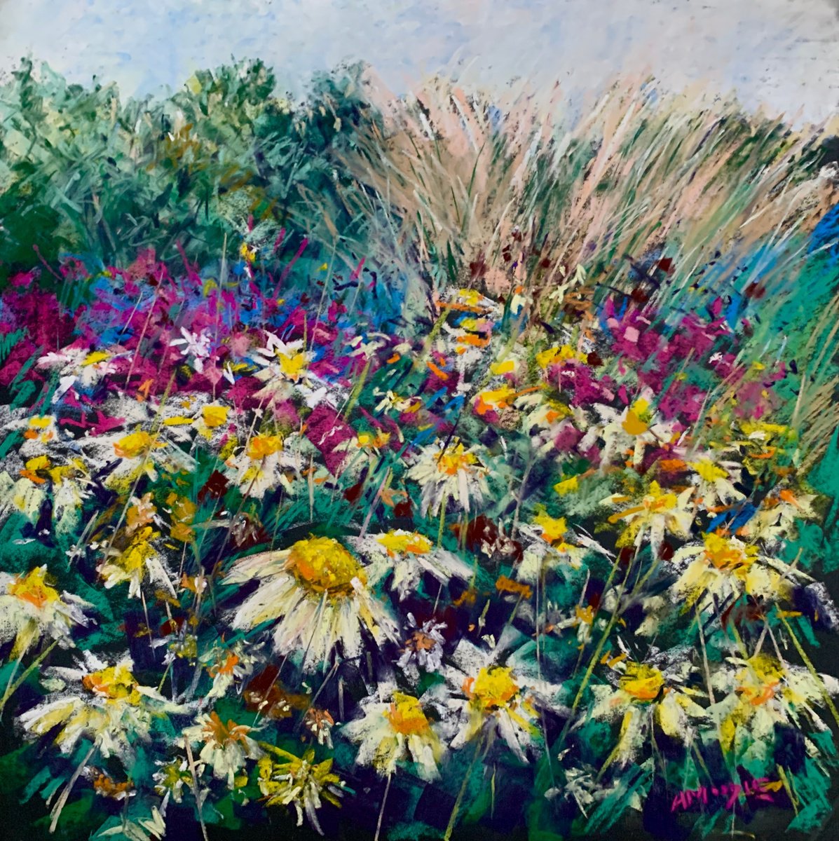 Impressionistic Botanical Pastel Drawing By Andrew Moodie, 18 X 18, Border Yellows, Original Artwork