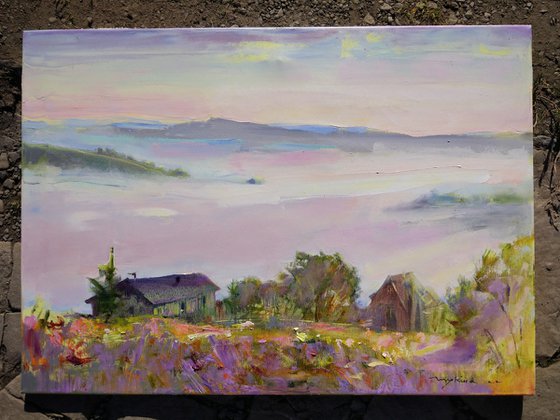 Custom landscape | House of dream in the mountains . Autumn dawn, fog, garden. Original oil painting