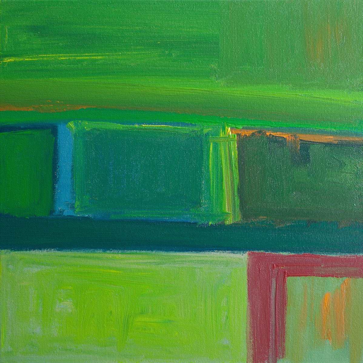 Abstract Landscape Oil Painting By Thomas Hjelm, 17 X 17", Green Coast, Original Artwork