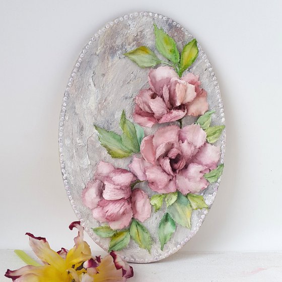 Sculpture painting, pink flowers impasto art Vintage roses
