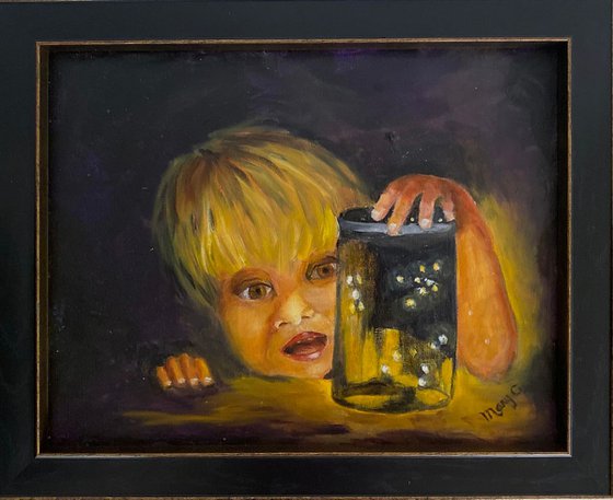 Original, Realistic Oil Painting Enlightenment of a child with glimmering fireflies trapped in a jar 11x14 framed