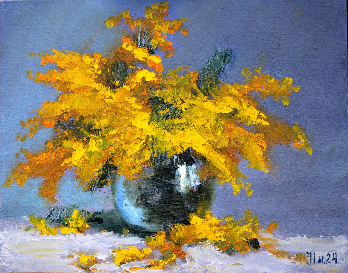 Impressionistic Botanical Oil Painting By Elena Lukina, 12 X 9, Mimosa, Original Artwork